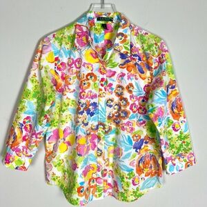 LRL Ralph Lauren Women's Floral Watercolor Neon Shirt L‎